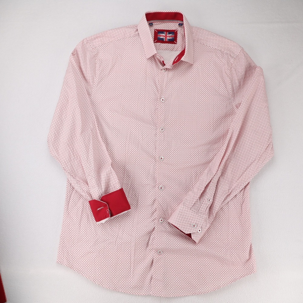 Soul of London Mens Button Down Shirt Red White Geometric Print Stretch Large - Picture 4 of 10